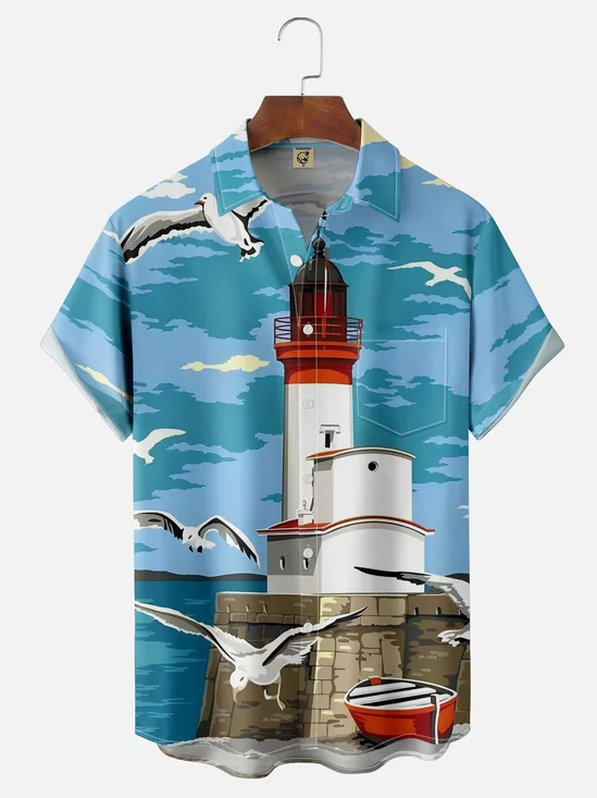 Moisture-wicking Lighthouse Chest Pocket Hawaiian Shirt