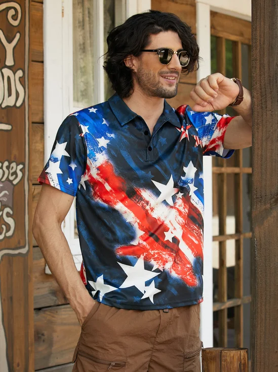 Hardaddy USA Flag Button Down Short Sleeve Polo Shirt