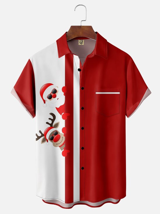 Hardaddy Santa Claus Christmas Deer Chest Pocket Short Sleeve Shirt