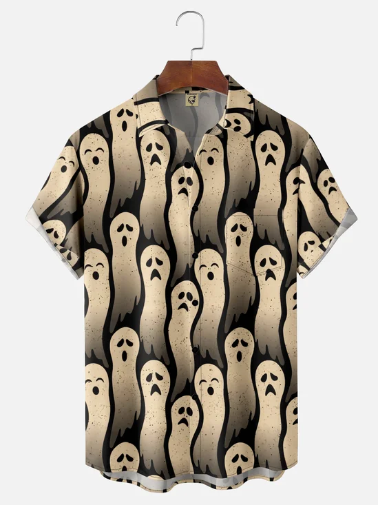 Men's Halloween Ghost Print Casual Short Sleeve Hawaiian Shirt with Chest Pocket