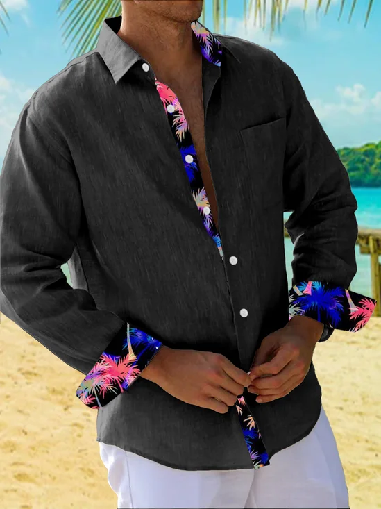 Cotton Plain Stitching Contrast Color Floral Hawaiian Shirt