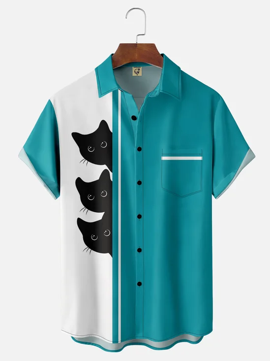 Moisture-wicking Breathable Halloween Black Cat Chest Pocket Bowling Shirt