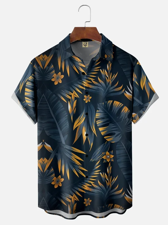 Hardaddy Mens Hawaiian Leaves Print Lapel Loose Chest Pockets Short Sleeve Funky Aloha Shirt
