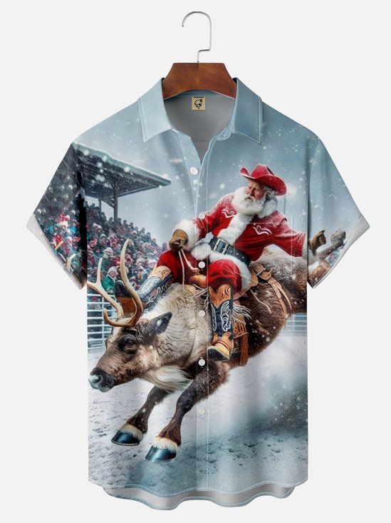 Moisture-wicking Wild Christmas Santa Cowboy Chest Pocket Hawaiian Shirt