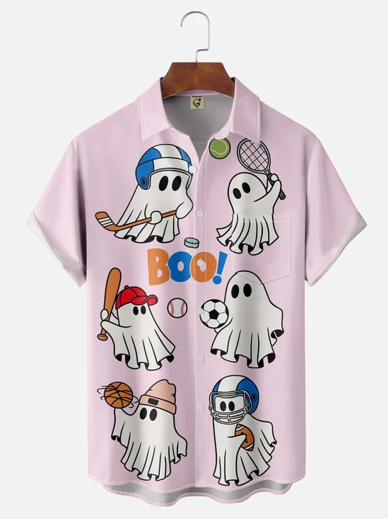 Moisture-wicking Halloween Ghost Playing Ball Chest Pocket Casual Shirt