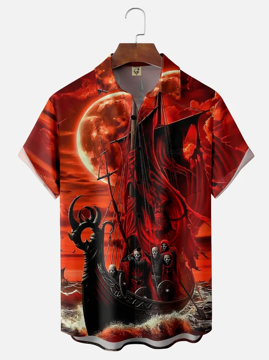 Moisture-wicking Halloween Sailing Boat Skull Chest Pocket Casual Shirt