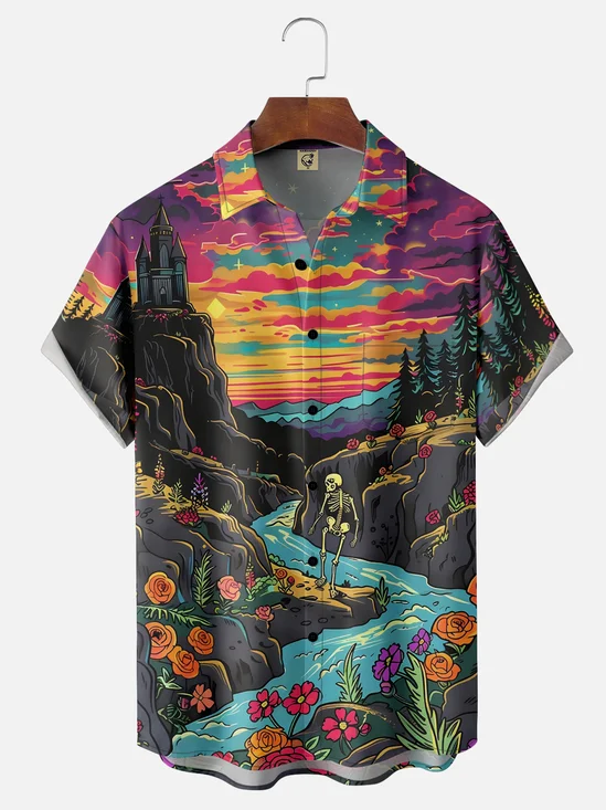 Moisture-wicking Halloween Skull Chest Pocket Casual Shirt