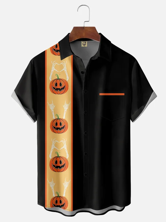 Moisture-wicking Halloween Pumpkin Chest Pocket Casual Shirt