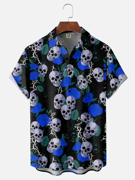 Moisture-wicking Halloween Skull Chest Pocket Casual Shirt