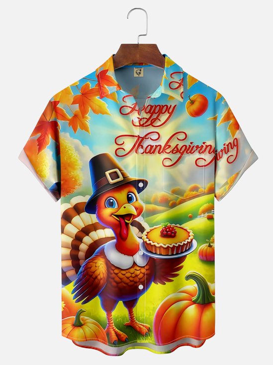 Moisture Wicking Thanksgiving Turkey Chest Pocket Hawaiian Shirt