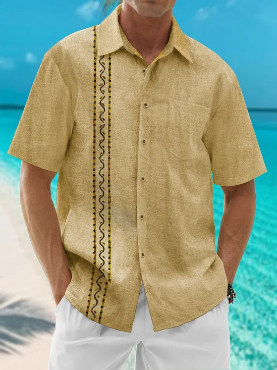 Moisture Wicking Geometric Stripe Chest Pocket Guayabera Shirt