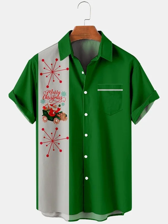 Tall Size Moisture-wicking Christmas Santa Claus Chest Pocket Bowling Shirt