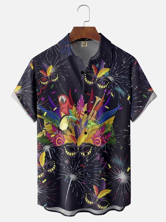 Mens Mardi Gras Carnival Masks Print Casual Breathable Short Sleeve Hawaiian Shirts