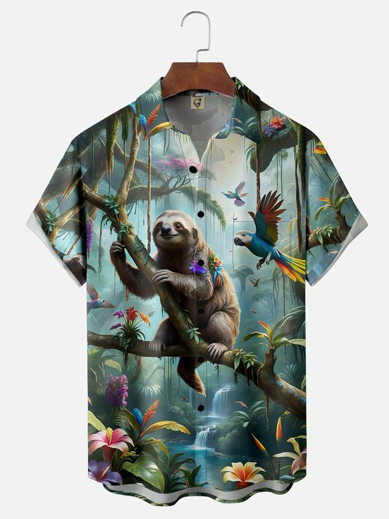 Moisture-wicking Animal Sloth Parrot Chest Pocket Hawaiian Shirt