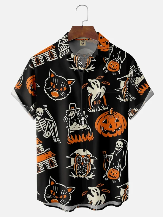 Men's Halloween Retro Cat and Witch Print Casual Breathable Short Sleeve Shirt