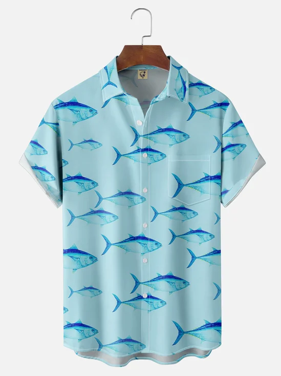 Moisture-wicking Marine Fish Chest Pocket Hawaiian Shirt