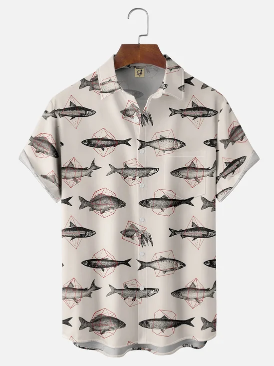 Moisture-wicking Fish Geometric Ocean Chest Pocket Casual Shirt