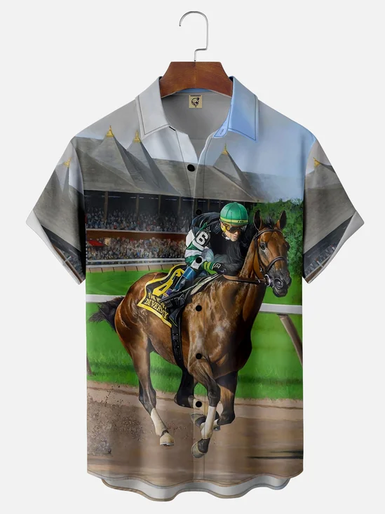Moisture-wicking Kentucky Derby Horse Racing Chest Pocket Casual Shirt