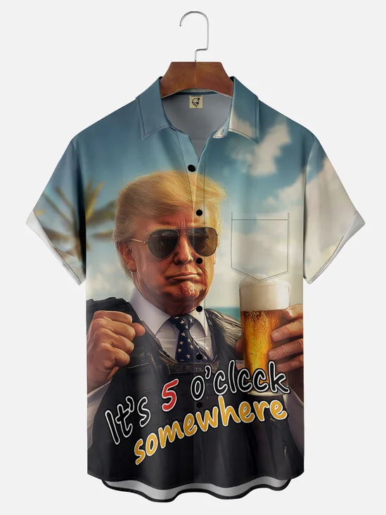 Moisture-wicking Trump Art "It's 5 o'clock" Chest Pocket Casual Shirt