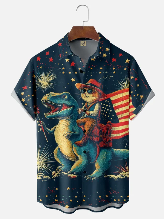 Moisture-wicking American Flag Cat Rides Dinosaur Chest Pocket Casual Shirt