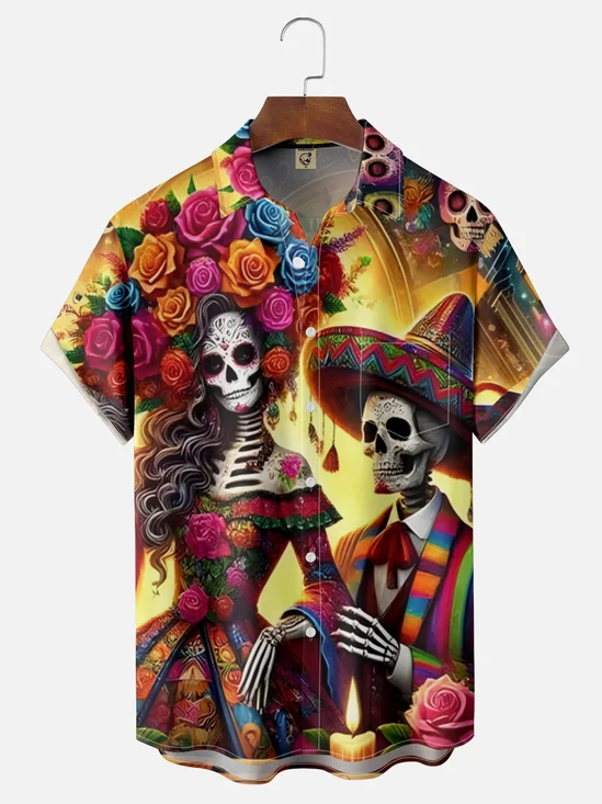 Moisture Wicking Cinco De Mayo Big Hat Skull Chest Pocket Hawaiian Shirt