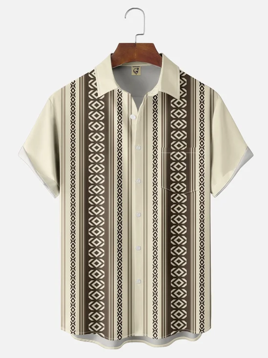 Moisture Wicking Ethnic Stripes Chest Pocket Bowling Shirt