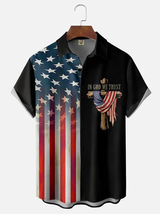 Moisture Wicking American Flag Cross IN GOD WE TRUST Patriotic Chest Pocket Hawaiian Shirt