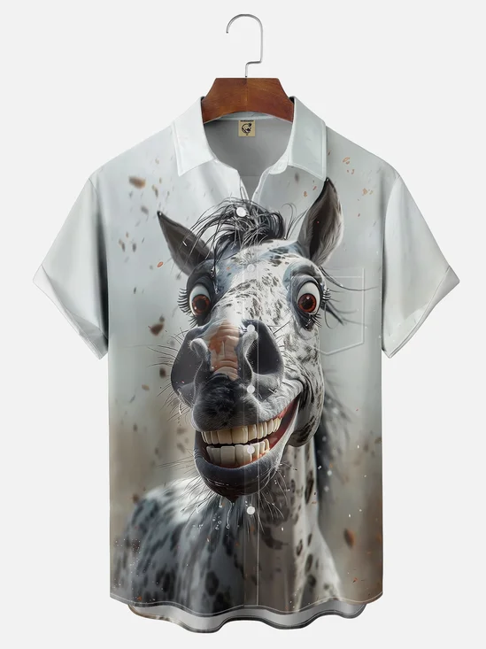 Moisture-wicking Fun Avant-garde Horse Art Exaggerated Painting Chest Pocket Hawaiian Shirt
