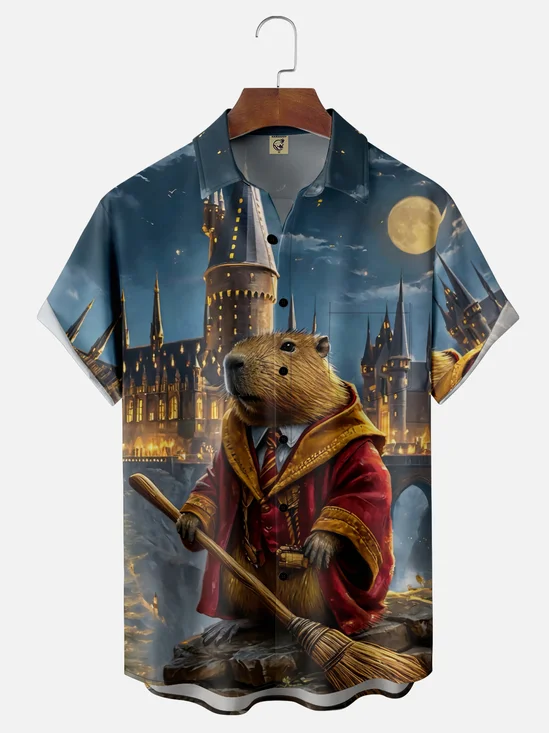 Moisture-wicking Capybara Magic Moon Chest Pocket Casual Shirt