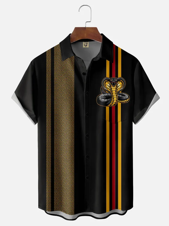 Moisture-wicking Cobra Moire Stripes Chest Pocket Bowling Shirt