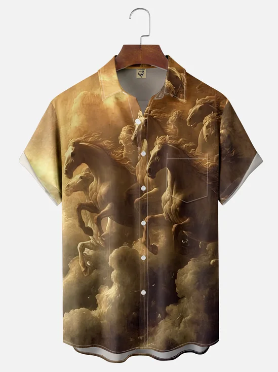 Men's Kentucky Derby Attire Moisture-wicking Horse Racing Festival Sky Horse Chest Pocket Casual Shirt