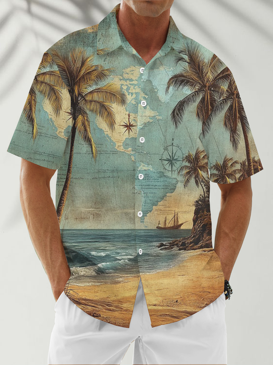 Moisture Wicking Beach Scenery Coconut Trees Chest Pocket Casual Shirt