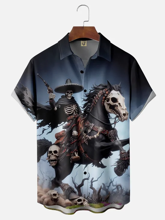 Moisture-wicking Cinco de Mayo Skeleton Horse Rider Chest Pocket Casual Shirt