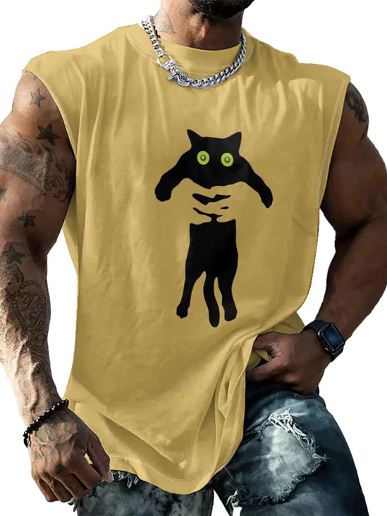 Mens Crewneck Tank Tops Black Cat Beach Sleeveless Shirt