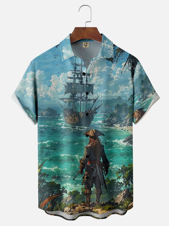 Moisture-wicking Pirate Chest Pocket Hawaiian Shirt