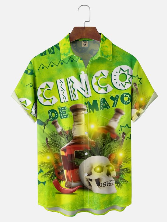 Moisture-wicking Cinco de Mayo Cocktail Mexican Skull Pepper Chest Pocket Casual Shirt