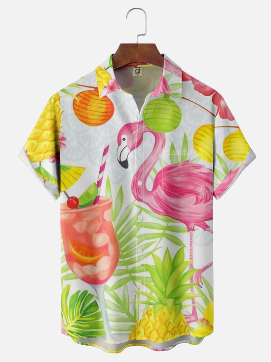 Moisture-wicking Flamingo Cocktail Chest Pocket Hawaiian Shirt