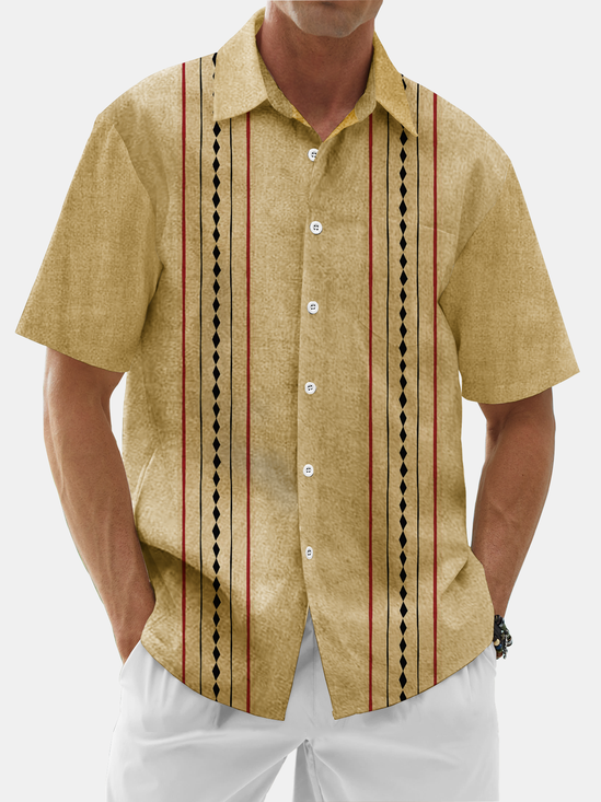Moisture Wicking Geometric Stripes Chest Pocket Hawaiian Shirt