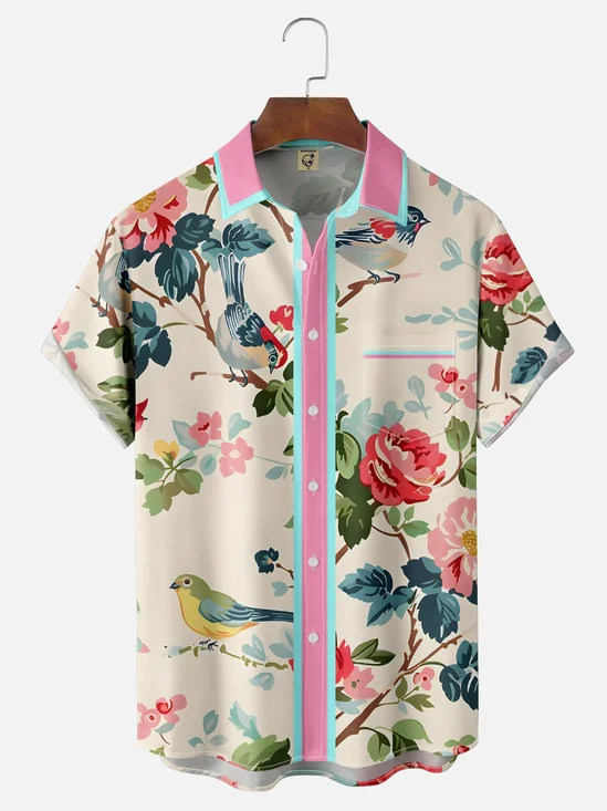 Moisture-wicking Retro Avant-garde Flower and Bird Art Chest Pocket Hawaiian Shirt