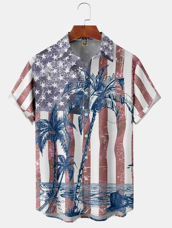 Tall Size Moisture-wicking American Flag Palm Tree Chest Pocket Hawaiian Shirt