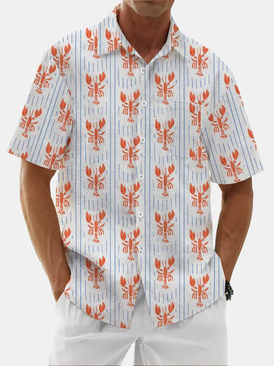 Moisture Wicking Striped Lobster Chest Pocket Casual Hawaiian Shirt