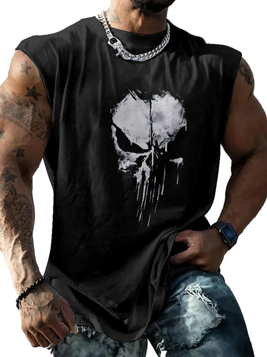 Mens Crewneck Tank Tops Rock Skull Beach Sleeveless Shirt
