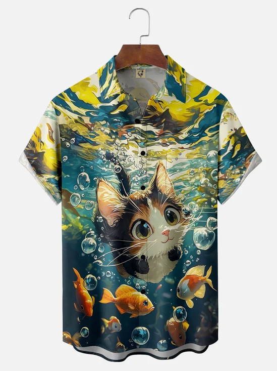 Moisture-wicking Cat and Fishes Chest Pocket Hawaiian Shirt