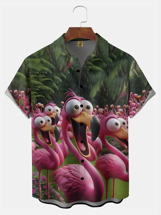 Big Size Moisture-wicking Flamingo Funny Shock Art Chest Pocket Hawaiian Shirt