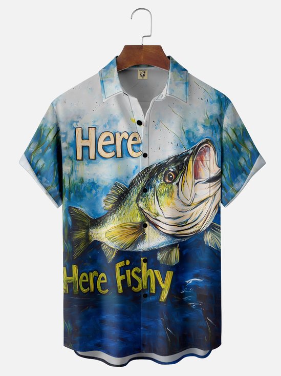 Moisture-wicking Here Fishy Chest Pocket Hawaiian Shirt