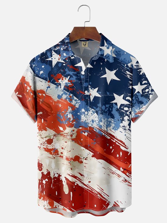 Moisture-wicking American Flag Oil Painting Ink Art Chest Pocket Casual Shirt