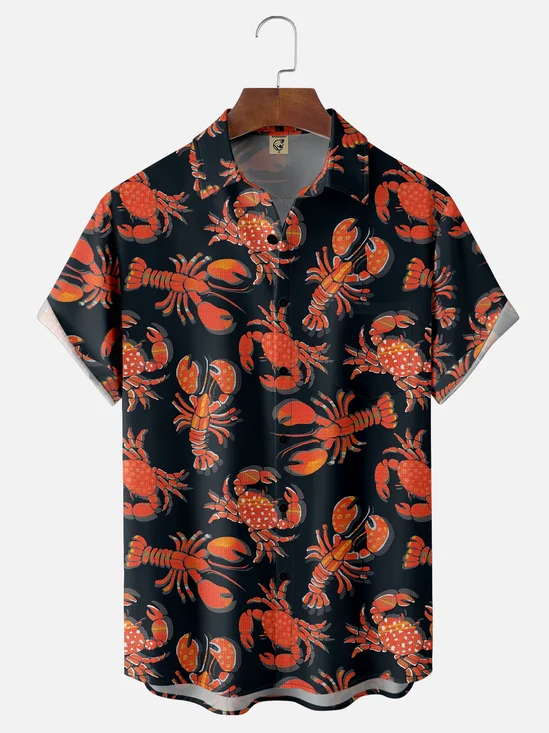 Moisture Wicking Crab Lobster Chest Pocket Hawaiian Shirt