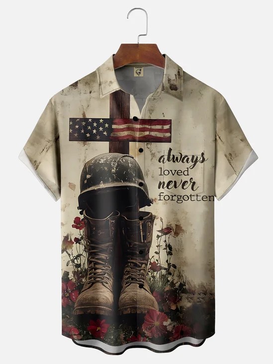Moisture-wicking Memorial Day American Flag Cross Chest Pocket Casual Shirt