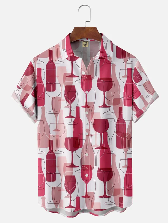 Tall Size Moisture-wicking Wine Glass Abstract Art Chest Pocket Hawaiian Shirt