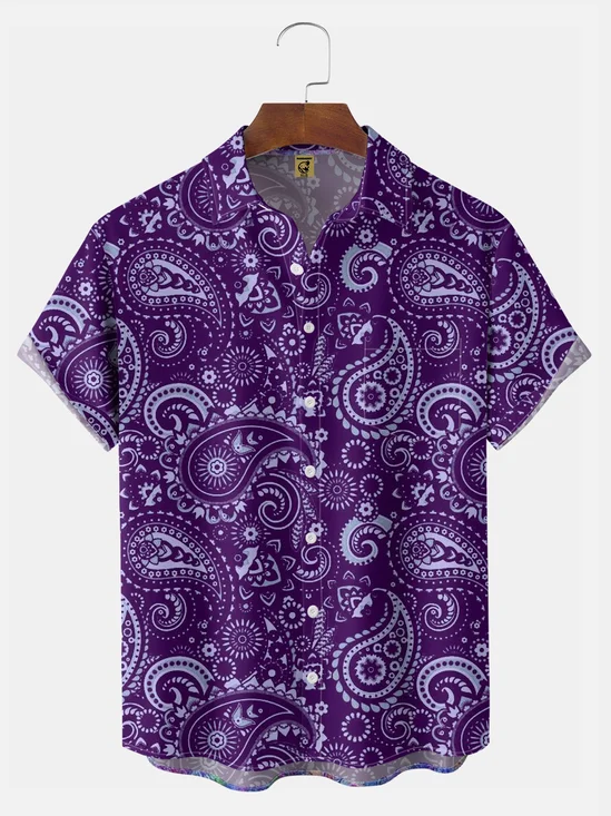 Big Size Moisture-wicking Paisley Floral Chest Pocket Casual Shirt